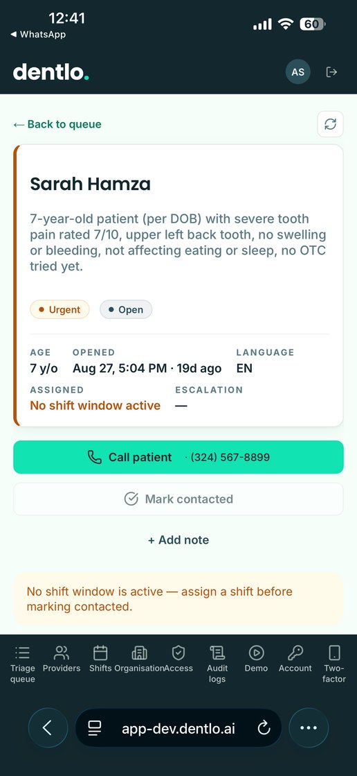 Dentlo app screen showing a triage case