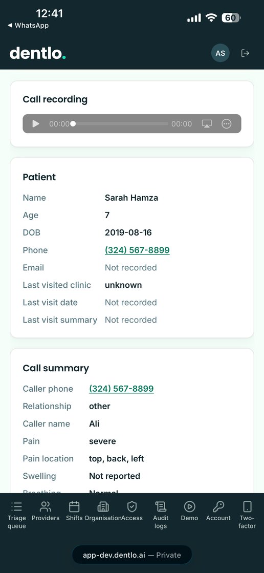 Dentlo app screen showing patient details