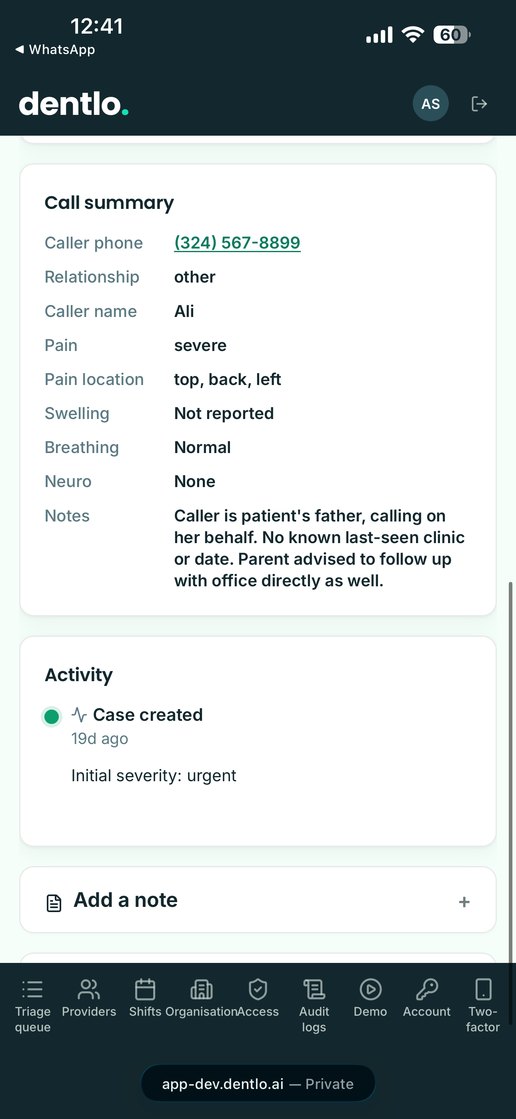 Dentlo app screen showing a call summary